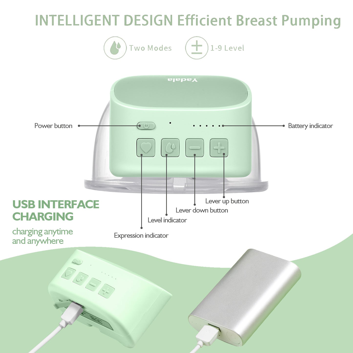 Electric Breast Pump Yadala Wearable Hands-Free Portable Spill-Proof Ultra-Quiet Pain Free  Breastfeeding Breast Pump with 2 Mode & 5 Levels, 24mm- Green