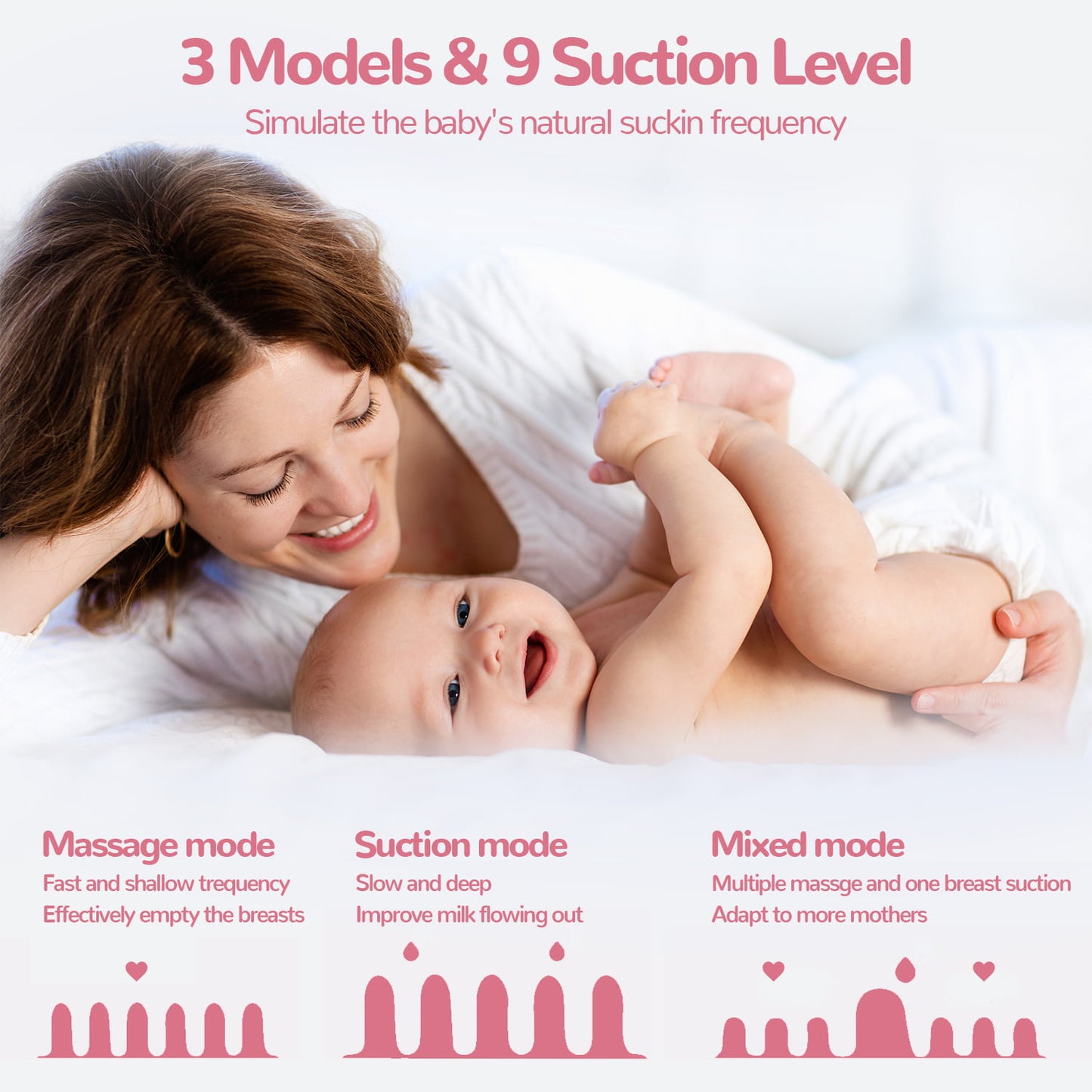 Electric Breast Pump, Yadala Wearable Breast Pump, Hands-Free Breast Pumps with 3 Modes, 9 Levels, Pink