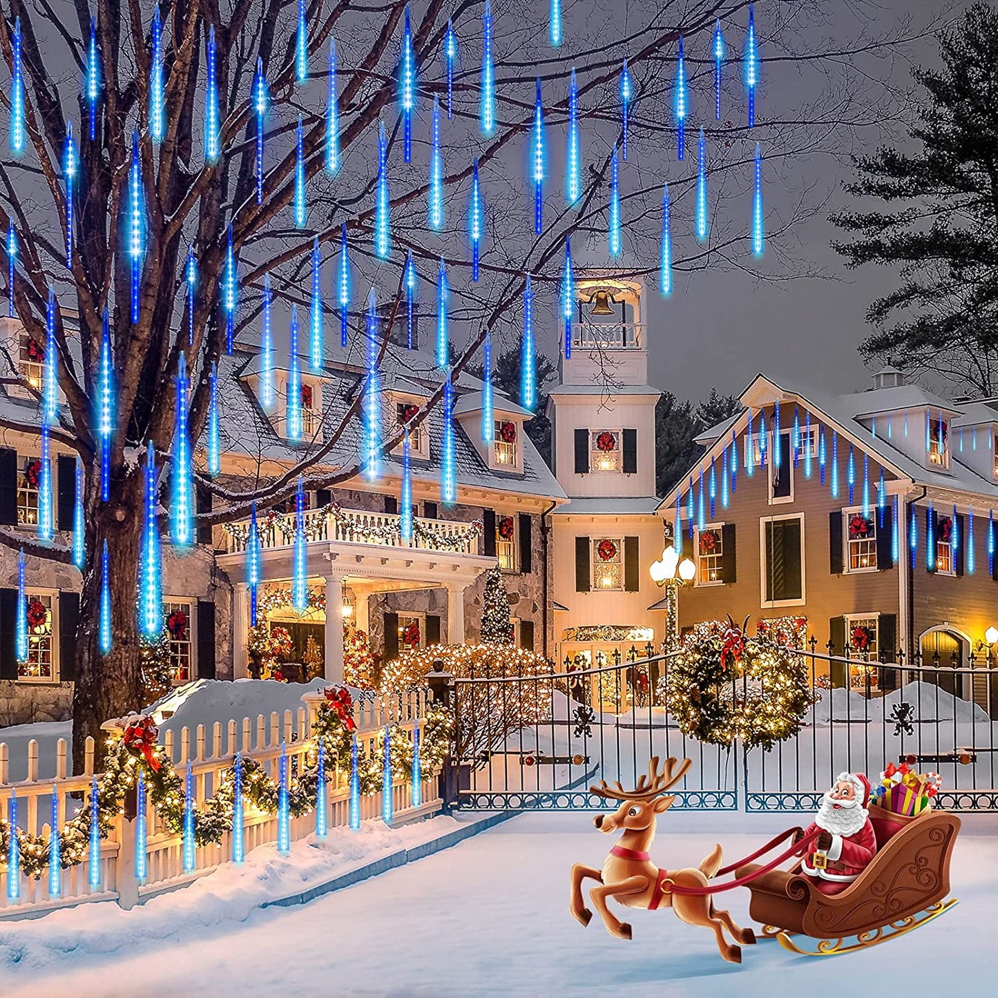Meteor Shower Icicle Christmas Lights Outdoor, 17.72 Inches 8 Tubes 288 Led Dropping Lights Connectable, Hanging Falling Rain Lights for Tree Bushes Holiday Christmas Tree Lights, Blue