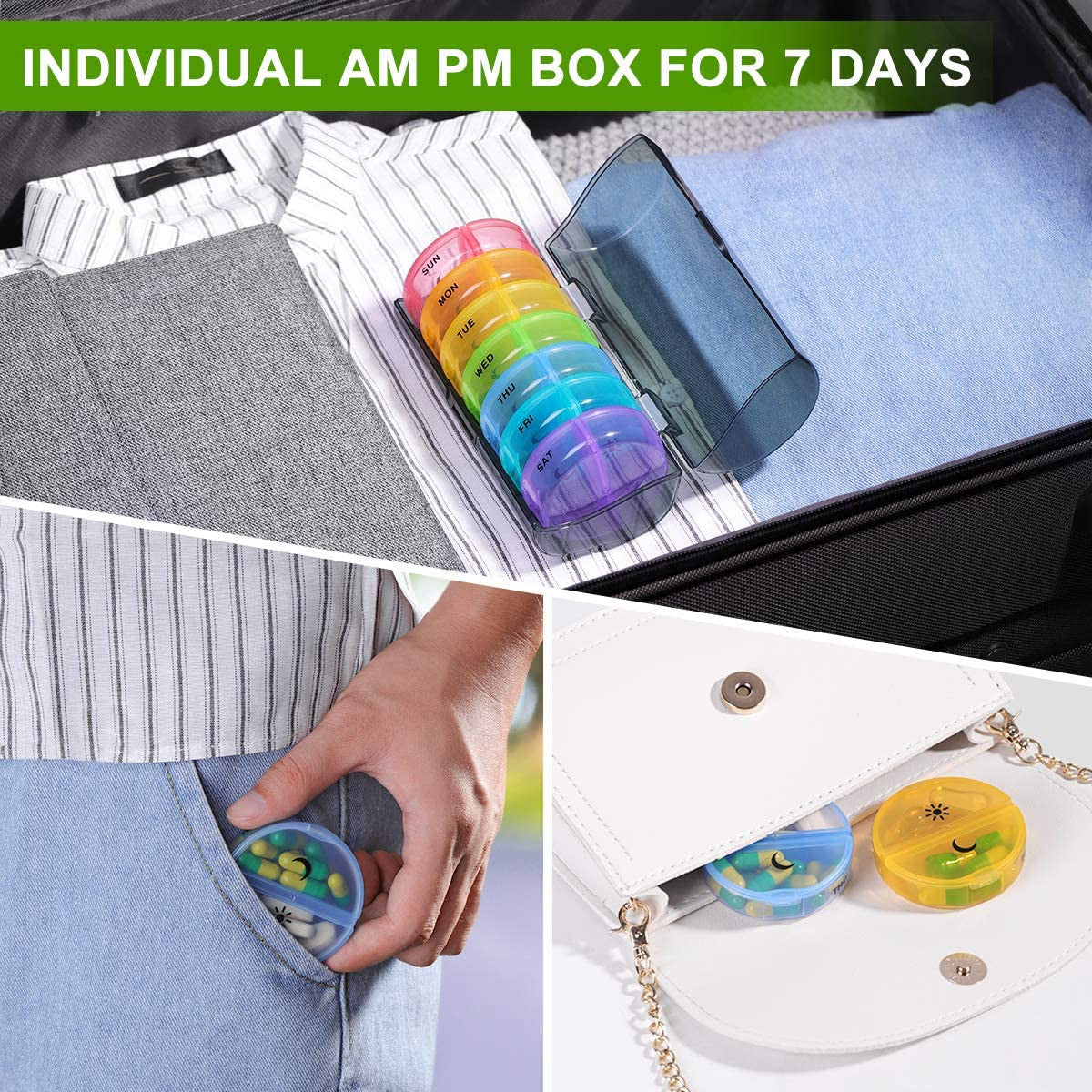 Pill Organizer 2 Times A Day Travel Weekly Pill Box 7 Day AM/PM Pill Organizer, Large Pop-Out Compartments, Rainbow