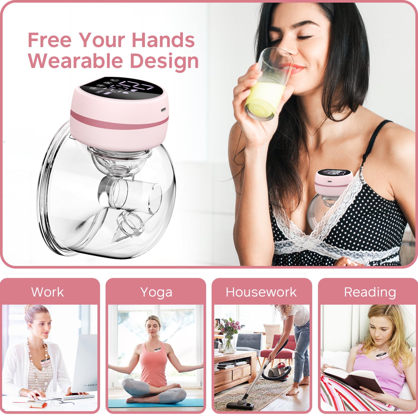Yadala Portable Wearable Breast Pump Hands Free Wireless Breast Pump Electric 3 Modes and 9 Levels Low Noise and Painless Massage 24mm
