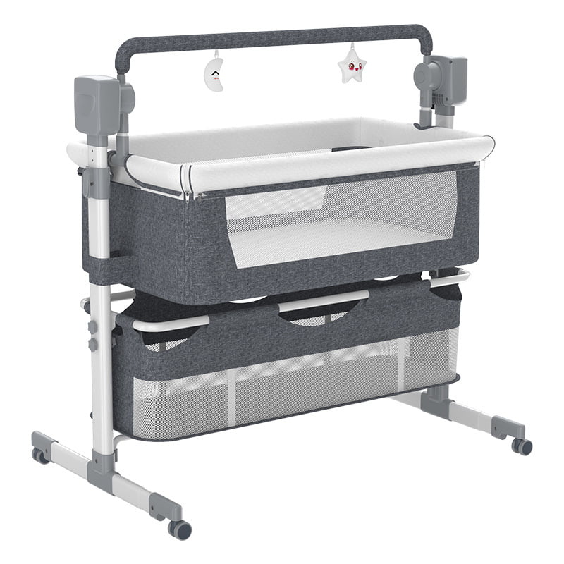Bassinet 5 in 1, Automatic Bassinet with Adjustable Height Portable Bed Side Sleeper w/Music, Toy Rack, Mattress, Breathable Mesh, for Newborn Infant (Dark Grey)