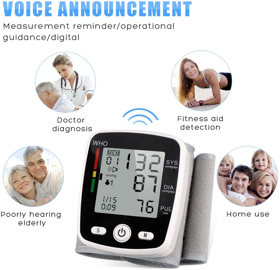 Blood Pressure Monitor, Wrist Blood Pressure Cuff Monitor with USB Charging, Automatic Digital BP Machine, Voice Broadcast