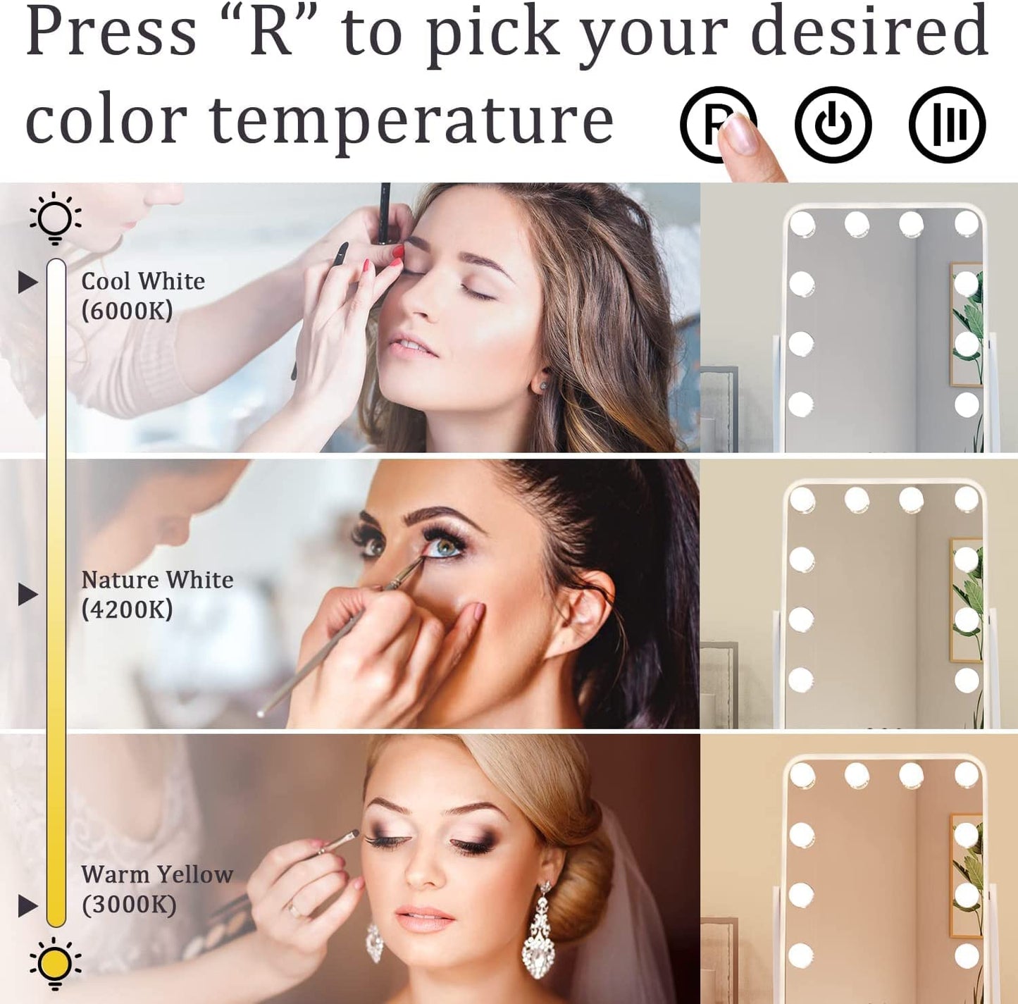 Vanity Mirror with Lights, Desk LED Makeup Mirror, Hollywood Lighted Makeup Mirror with 12 Dimmable Bulbs, 3 Color Large Tabletop Vanity Mirror with USB Charge