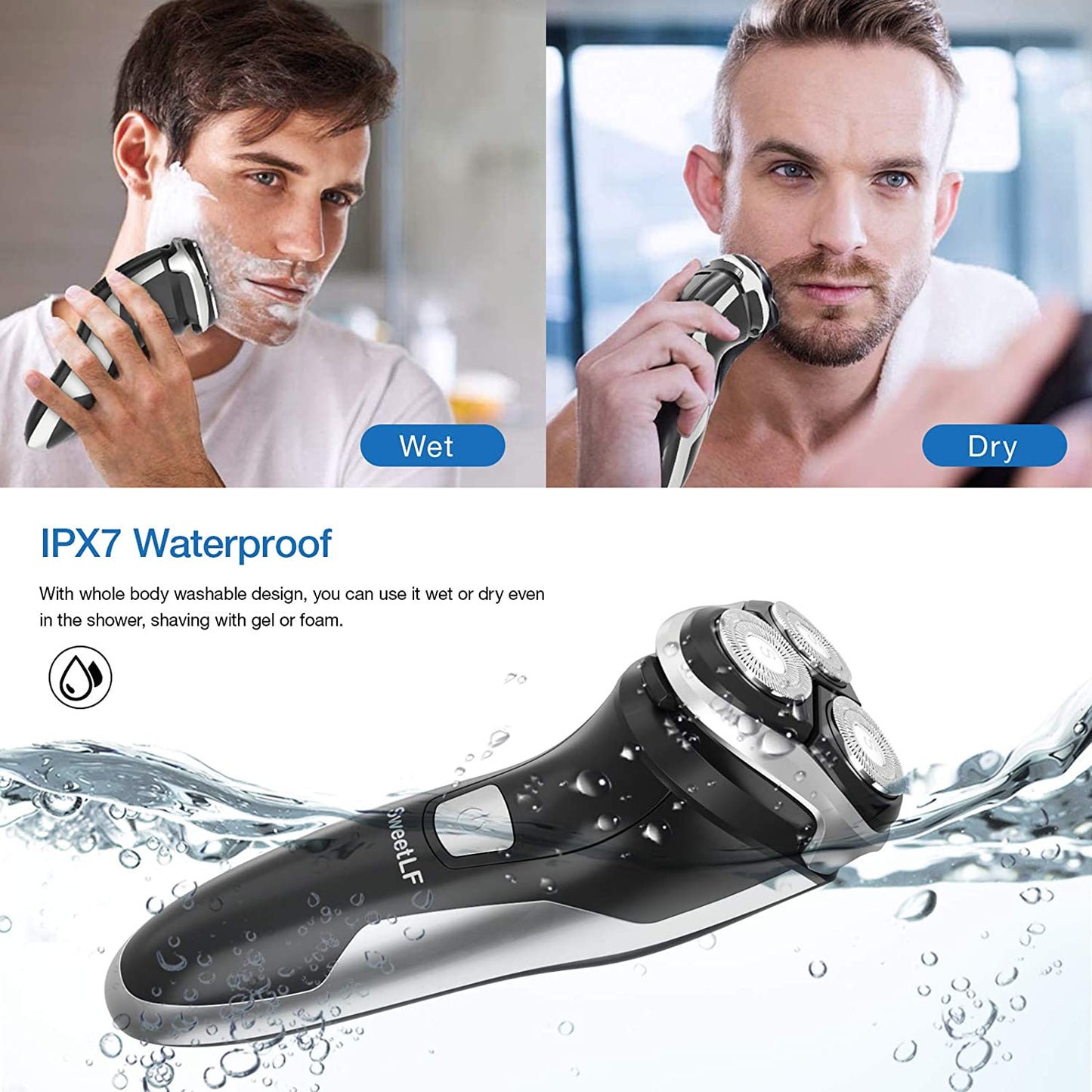 SweetLF Electric Razor for Men, IPX7 Waterproof Wet and Dry Electric Shaver with Pop-up Trimmer, Black