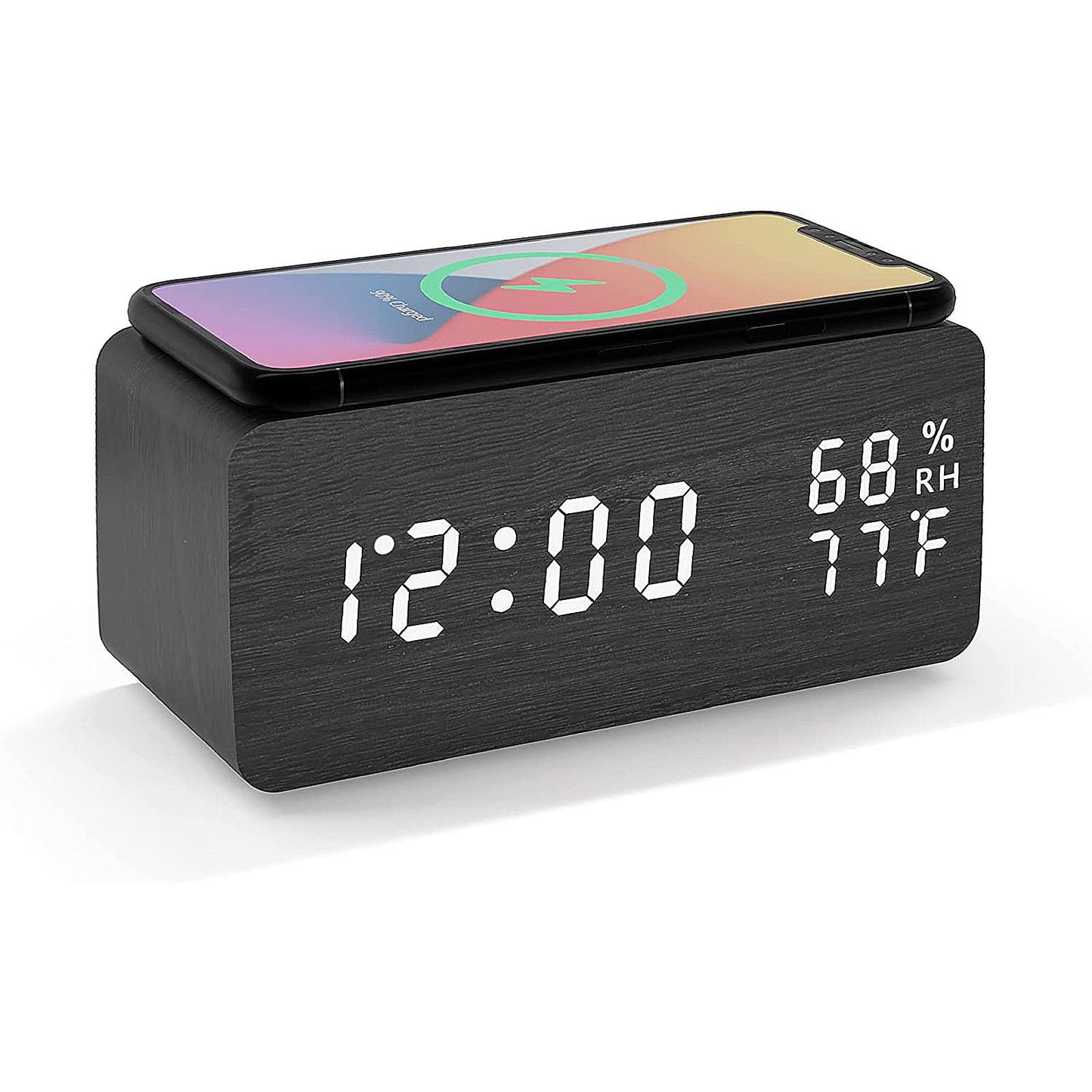 Digital Alarm Clock, Wooden Clock with Wireless Charging, 3 Alarm Settings, Sound Control, Clocks for Bedroom, Office