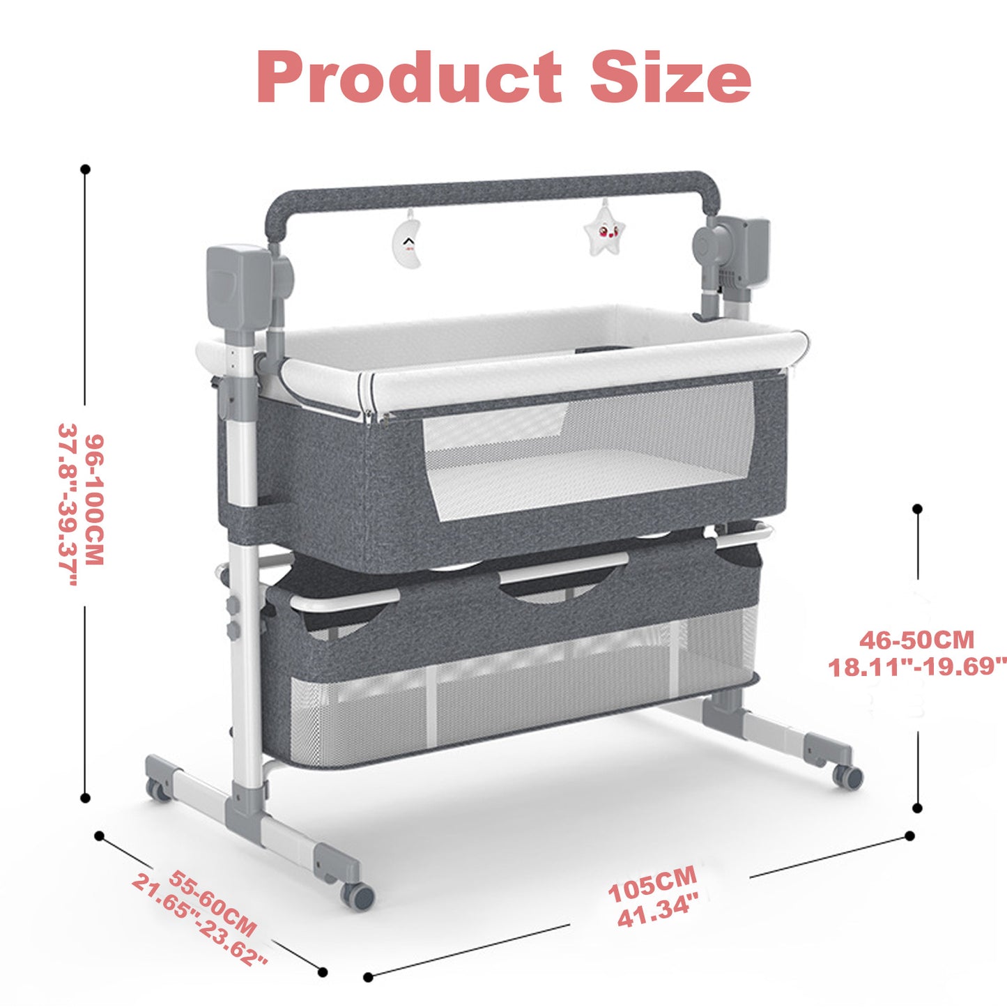 Bassinet 5 in 1, Automatic Bassinet with Adjustable Height Portable Bed Side Sleeper w/Music, Toy Rack, Mattress, Breathable Mesh, for Newborn Infant (Dark Grey)