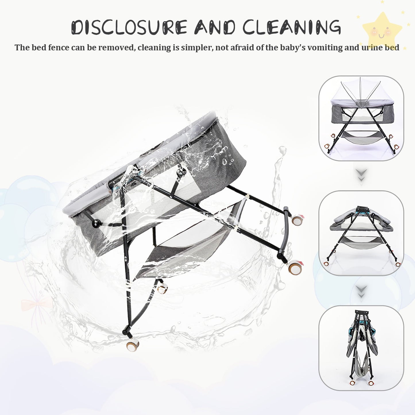 Bassinet for Babies, Zechiy 4 in 1 Portable Rocking Bassinet with Breathable Net and Harmless Mattress, Quick-Fold Crib for Newborn Girl Boy Infant, Grey