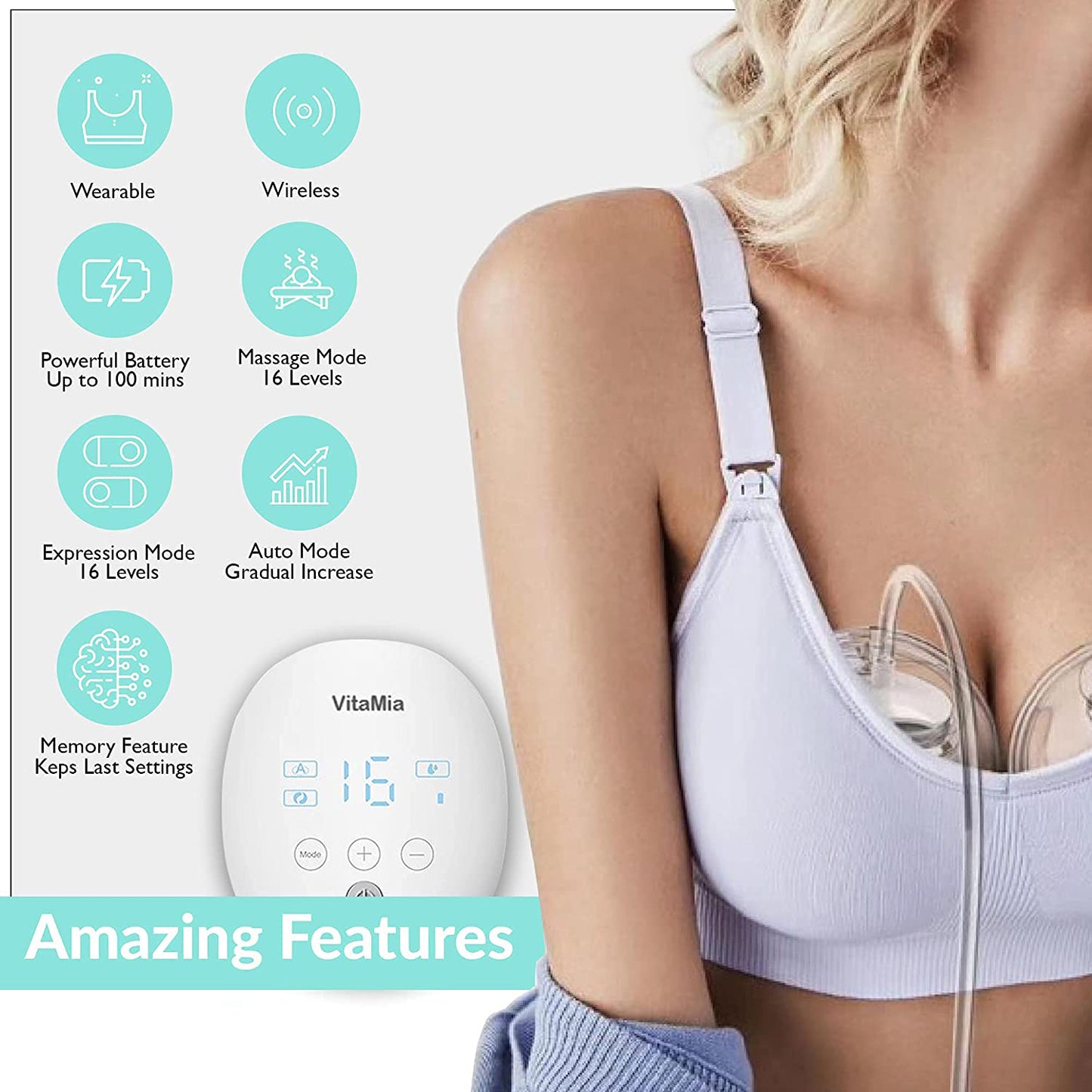 Yadala Wearable Wireless Double Electric Breast Pump, 16 Levels 3 Modes