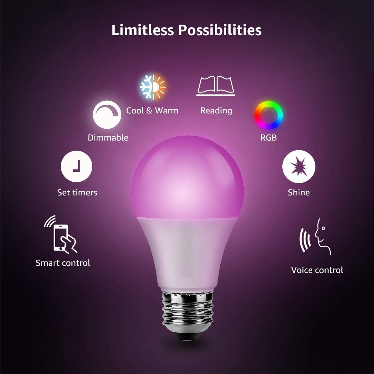 Smart WiFi Light Bulbs, LED Color Changing Lights, Works with Alexa & Google Assistant, RGBW 2700K-6500K, 9W Equivalent, Dimmable with App, A19 E27, No Hub Required, 2.4GHz WiFi Only, Pack of 4