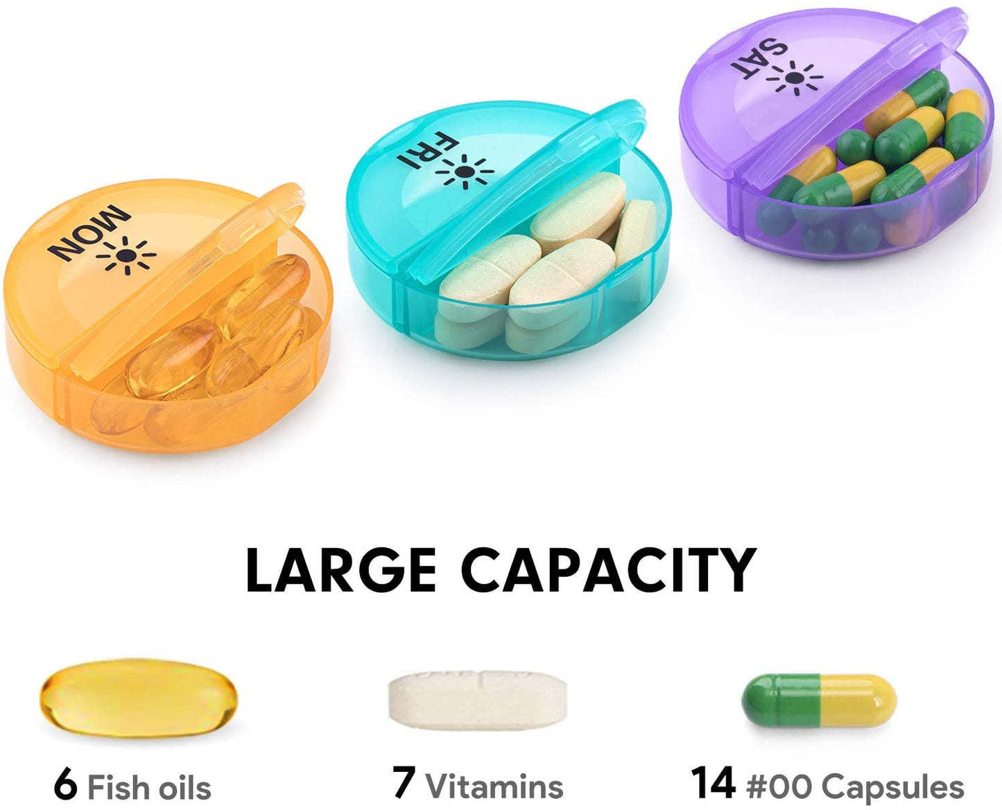 Daily Pill Organizer (Twice-a-Day) - Weekly AM/PM Pill Box, Round Medicine Organizer, 7 Day Pill Container, Vitamin Organizer for Vitamin Fish Oils Supplement