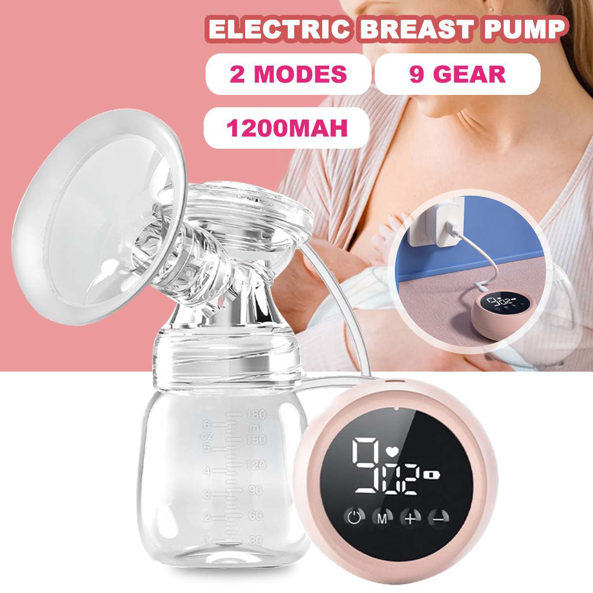 Yadala   Hospital Grade Electric Breast Pump 9 Levels 2 Different Modes, Pink