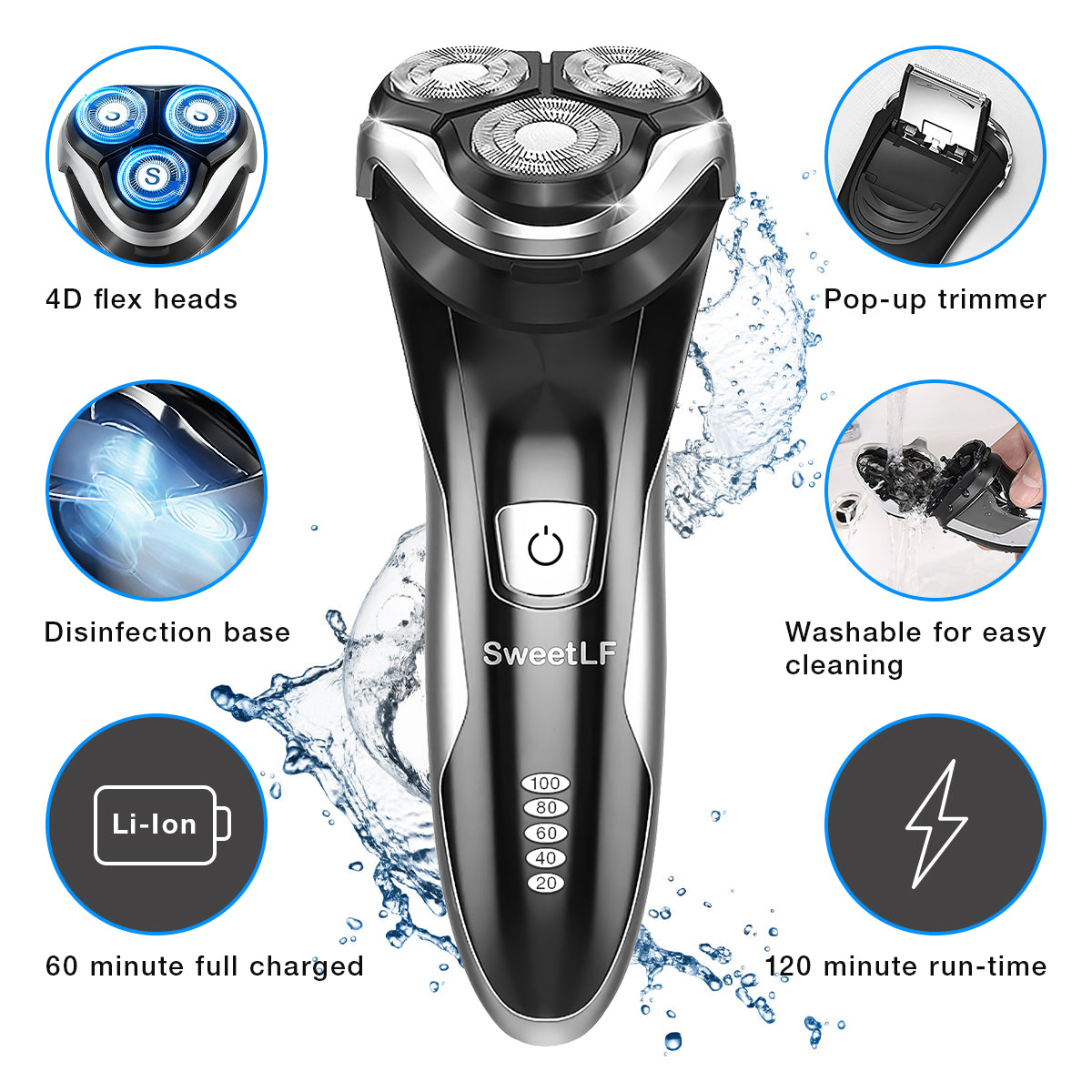 SweetLF Electric Razor for Men, IPX7 Waterproof Wet and Dry Electric Shaver with Pop-up beard trimmer for men, Black