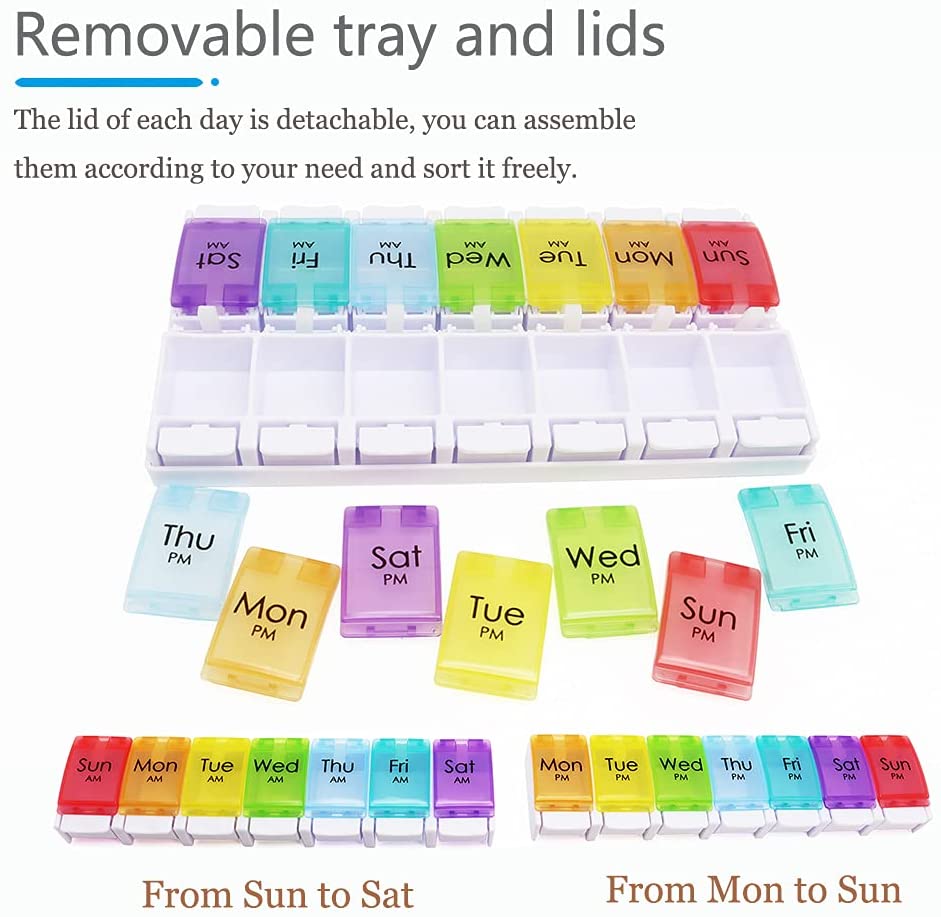 YADALA 7 Day Pill Organizer AM PM 2 Times a Day, Large Capacity Weekly Pill Box Twice Daily, Rainbow Morning and Evening Pill Case 14 Dividers BPA-Free Medicine Organizer with Easy Push Button