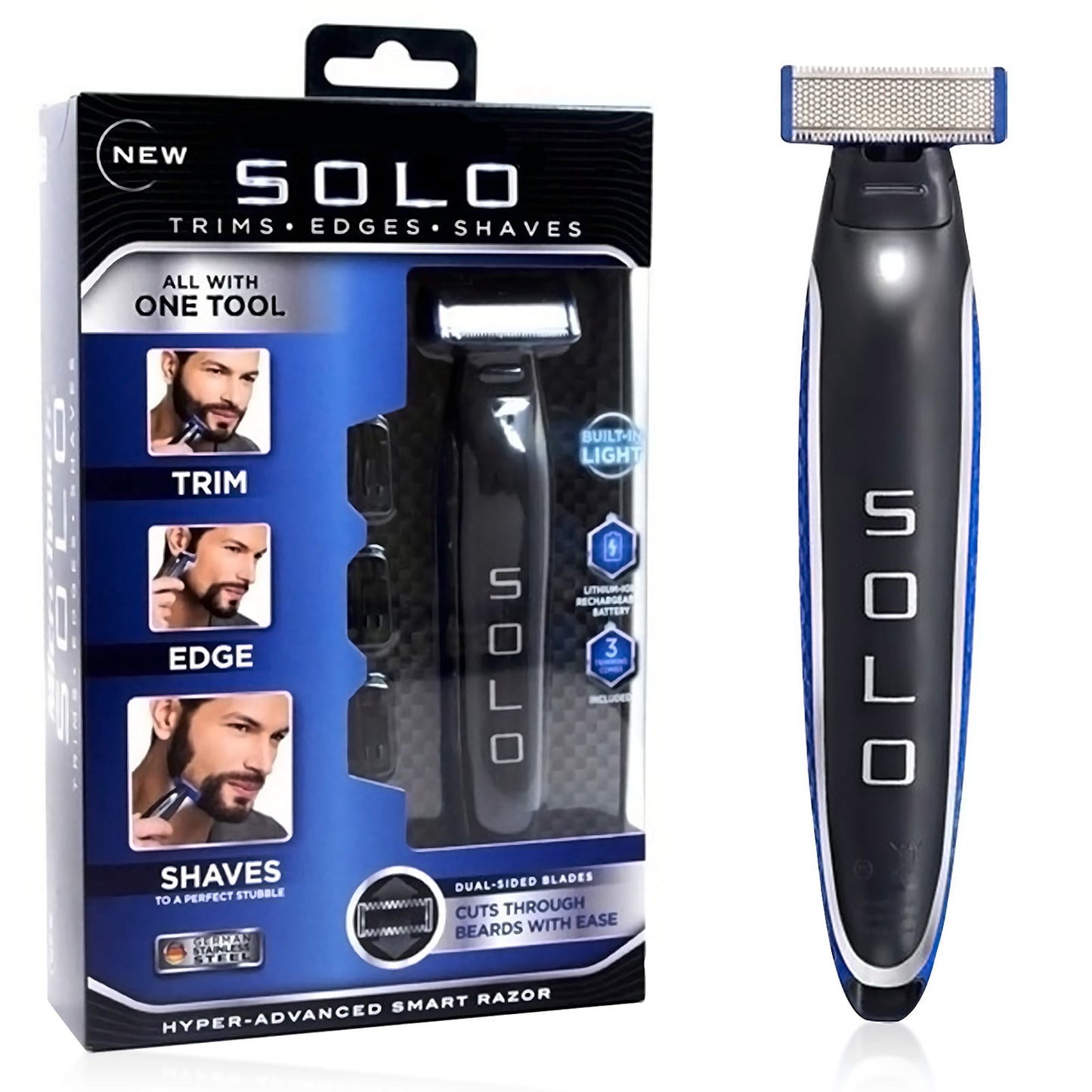 SOLO Men's Rechargeable Full Body Hair Trimmer, Electric Razor for Man,Shaver and Groomer, Blue