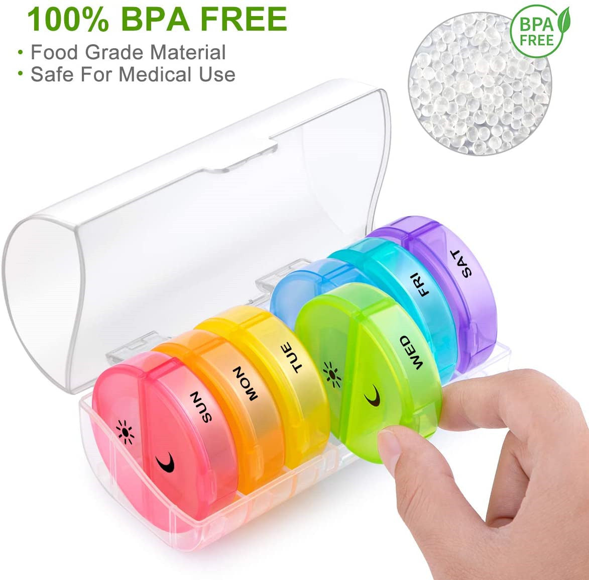 Pill Organizer 2 Times A Day Travel Weekly Pill Box 7 Day AM/PM Pill Organizer, Large Pop-Out Compartments, Rainbow
