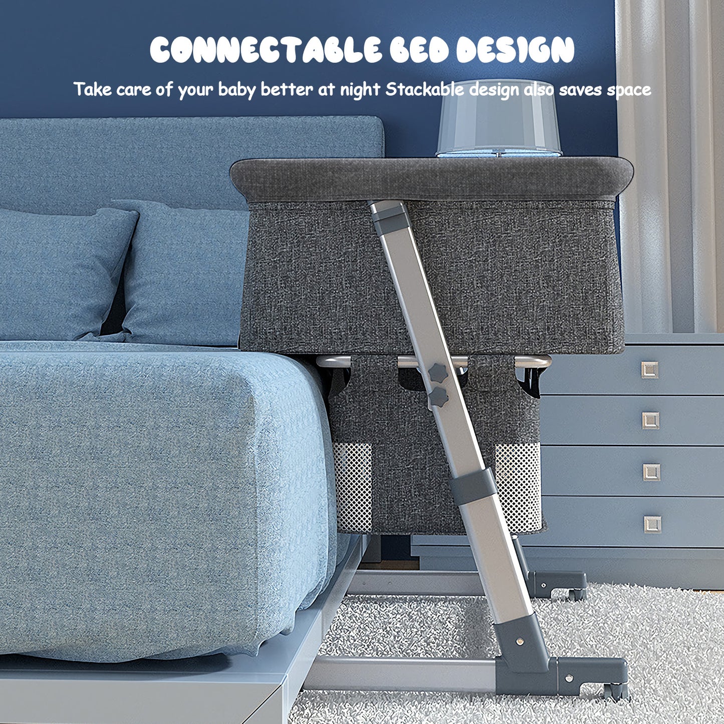 Yadala Bedside Cribs, Baby Bassinet Bedside Sleeper, 5 Height Adjustable Baby Bed for Infant/Baby/Newborn, Comfortable Mattresses, Gray