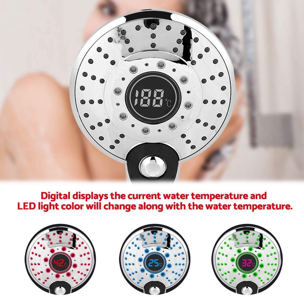 Shower Head, Digital Display Handheld Shower Head Portable Hand Held Shower Tool Head with 3 Colors Temperature Control