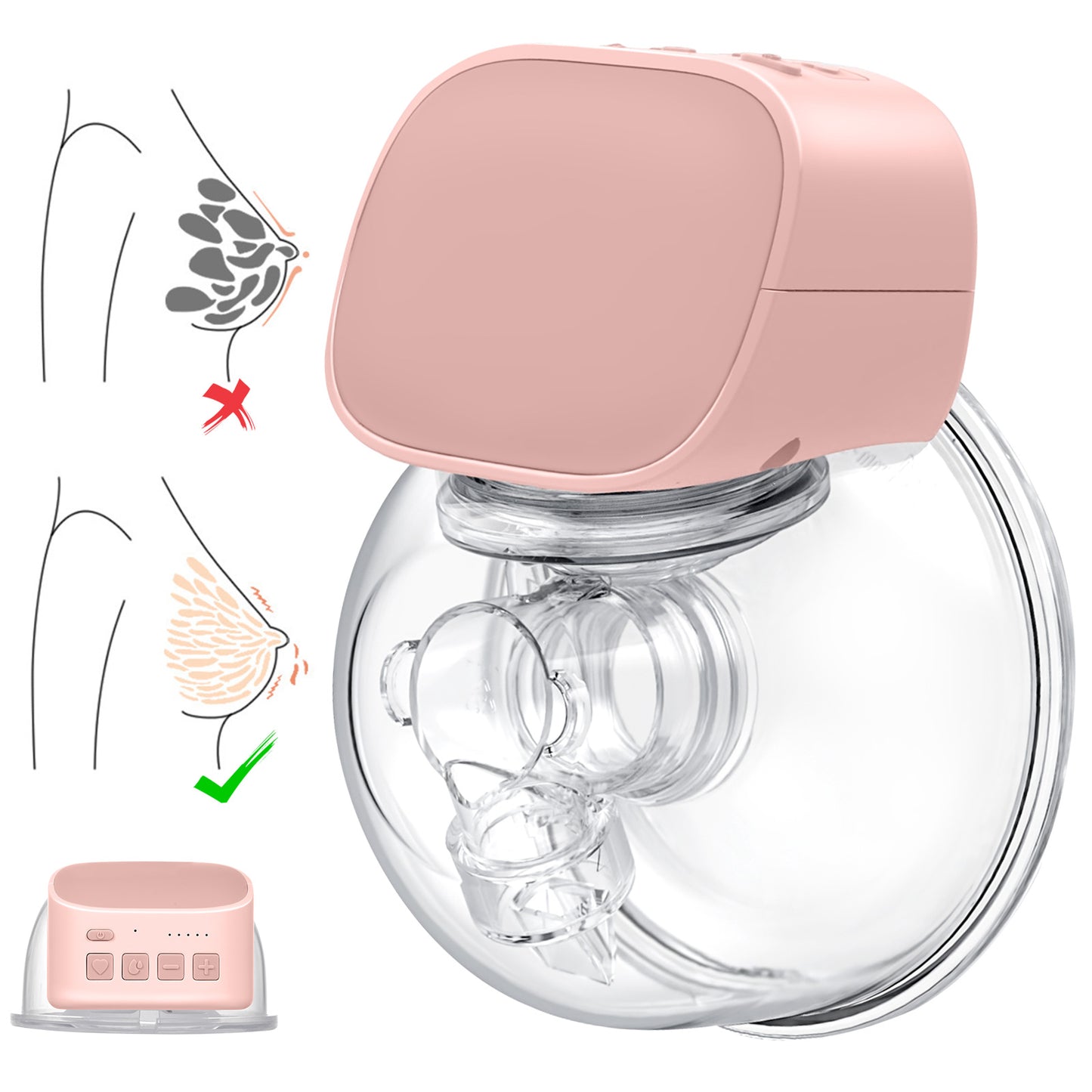 Yadala Wearable Breast Pump - Electric Hands-Free Portable Breastfeeding Breast pump, Spill-Proof Ultra-Quiet Pain Free Breast Pump with 2 Mode & 5 Levels, 24mm- Pink