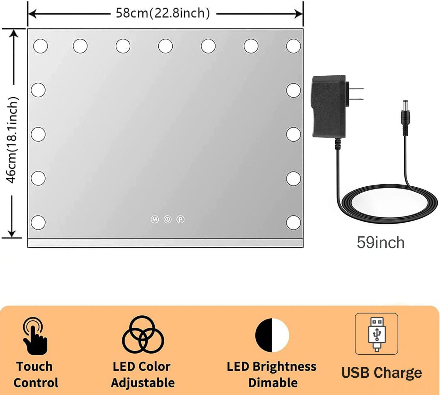 Vanity Mirror with Lights, Hollywood Lighted Makeup Mirror with 15 Dimmable LED Bulbs, 3 Colors Modes