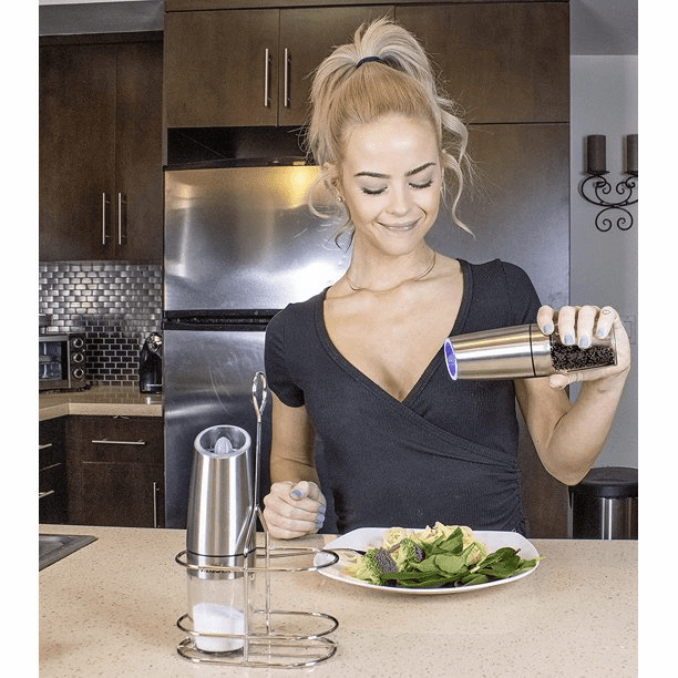 Gravity Electric Pepper and Salt Grinder Set, Adjustable Coarseness, Battery Powered with LED Light, One Hand Automatic Operation, Stainless Steel Black-2PACK