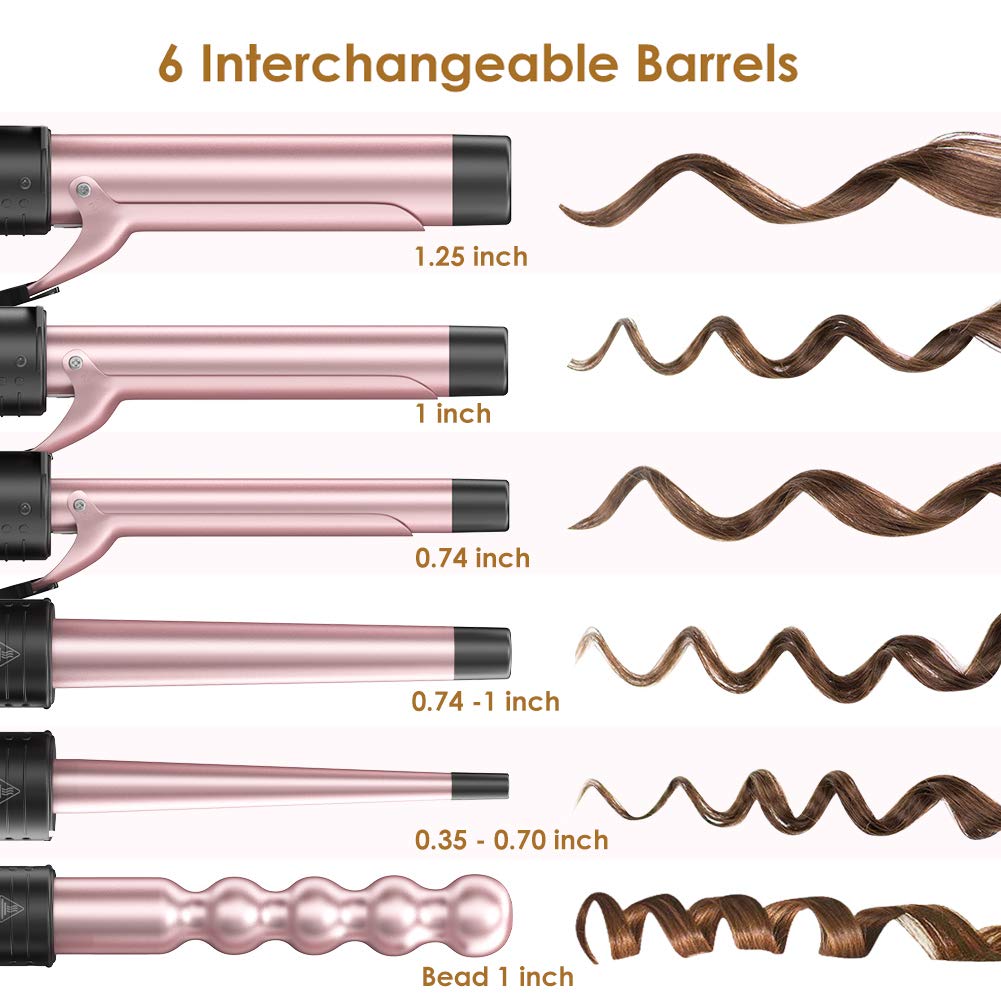 6 in 1 Curling Iron Wand Set - Byfumay Ceramic  Hair Curling Iron with 6 Interchangeable Ceramic Barrels(0.35’’ -1.25’’) and 2 Temperature Instant Heat Up Hair Curler for All Hair Types