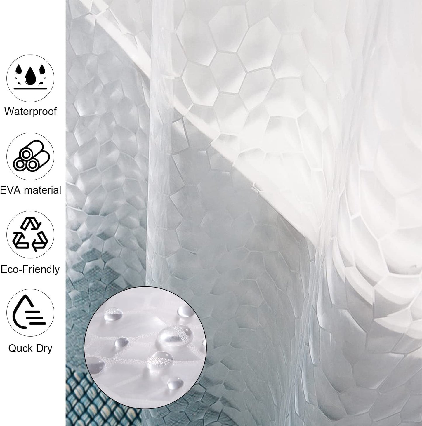 Waterproof Shower Curtain Liner, EVA Shower Curtain , Shower Liner for Shower Stall, Bathtubs, 72 x 72, 3D Pattern Watercube