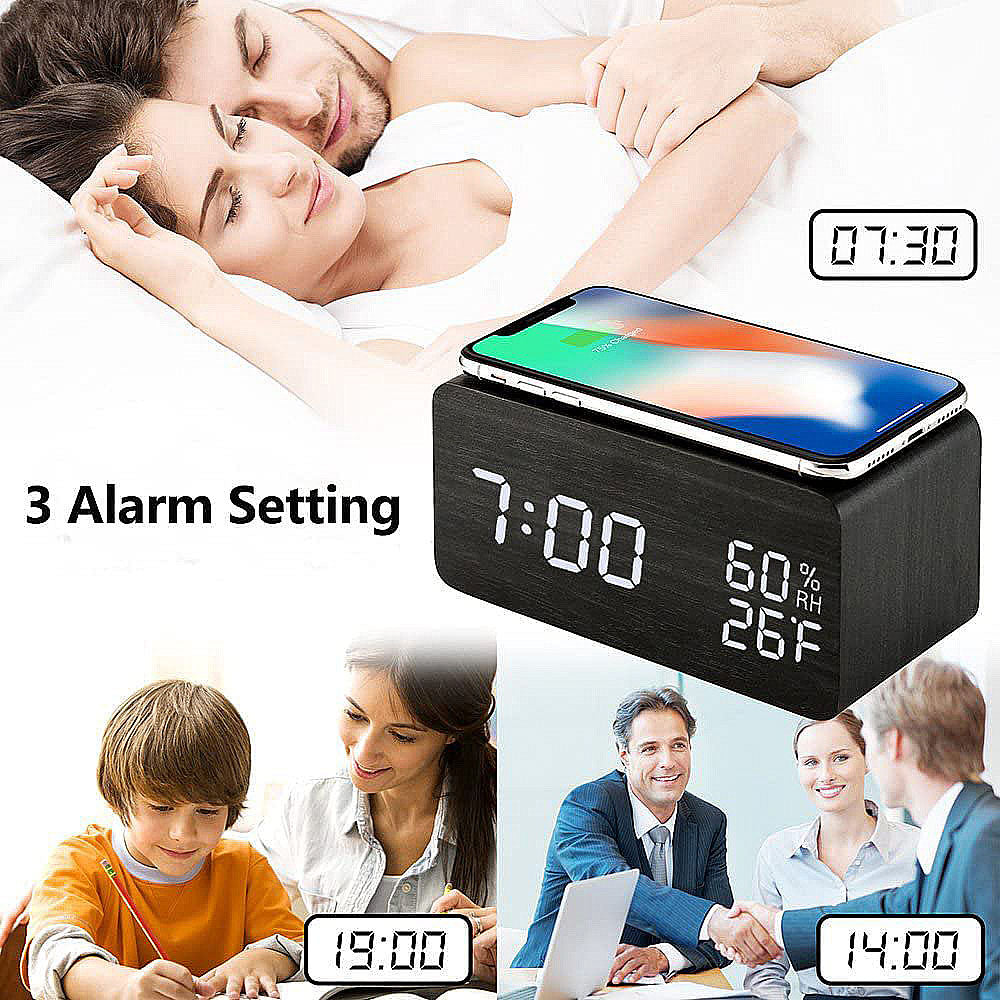 Digital Alarm Clock, Wooden Clock with Wireless Charging, 3 Alarm Settings, Sound Control, Clocks for Bedroom, Office