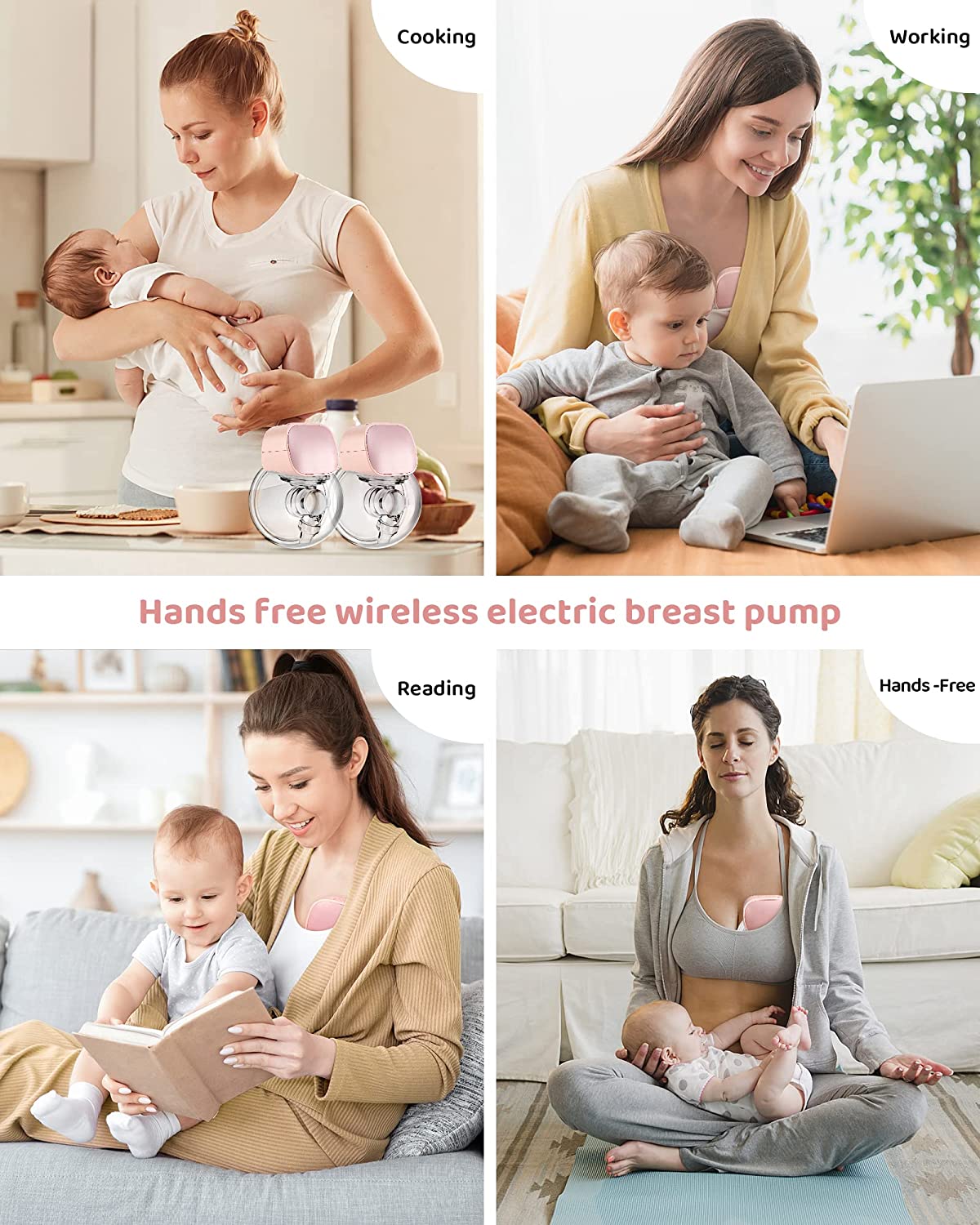 Yadala 2Pcs-Wearable Breast Pump Double Electric Breast Pump 24 mm Hands-Free Breast Pump 2 Mode & 5 Levels Portable Breast Pump Electric Worn in-Bra Wireless Breast Pump Breastfeeding ,Pink