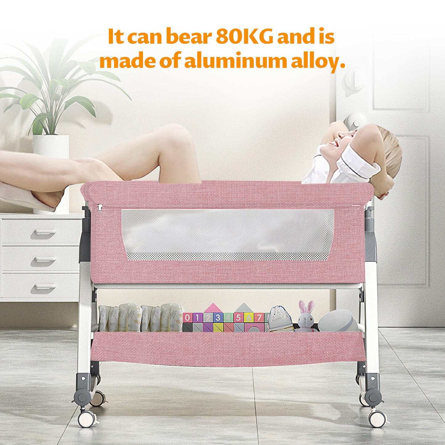 Yadala Bedside Cribs, Baby Bassinet Travel Baby Crib Baby Bed with Breathable Net, Adjustable Portable Bed for Infant/Baby with Mattress, Pink