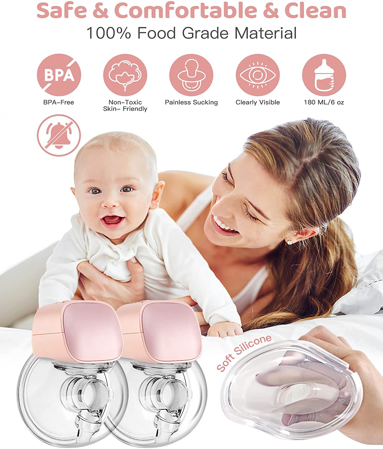 Yadala 2Pcs-Wearable Breast Pump Double Electric Breast Pump 24 mm Hands-Free Breast Pump 2 Mode & 5 Levels Portable Breast Pump Electric Worn in-Bra Wireless Breast Pump Breastfeeding ,Pink