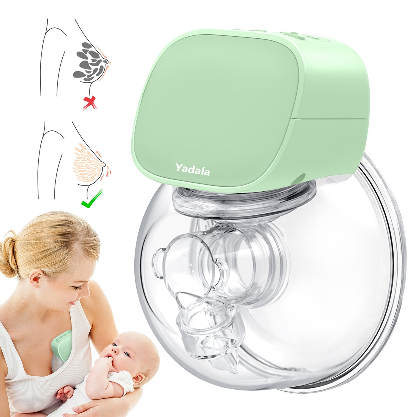 Yadala - S9 Portable Wearable Electric Breast Pump for Baby Feeding, 24mm ,Green