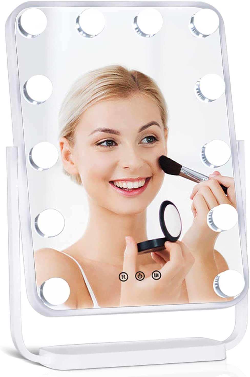 Vanity Mirror with Lights, Desk LED Makeup Mirror, Hollywood Lighted Makeup Mirror with 12 Dimmable Bulbs, 3 Color Large Tabletop Vanity Mirror with USB Charge