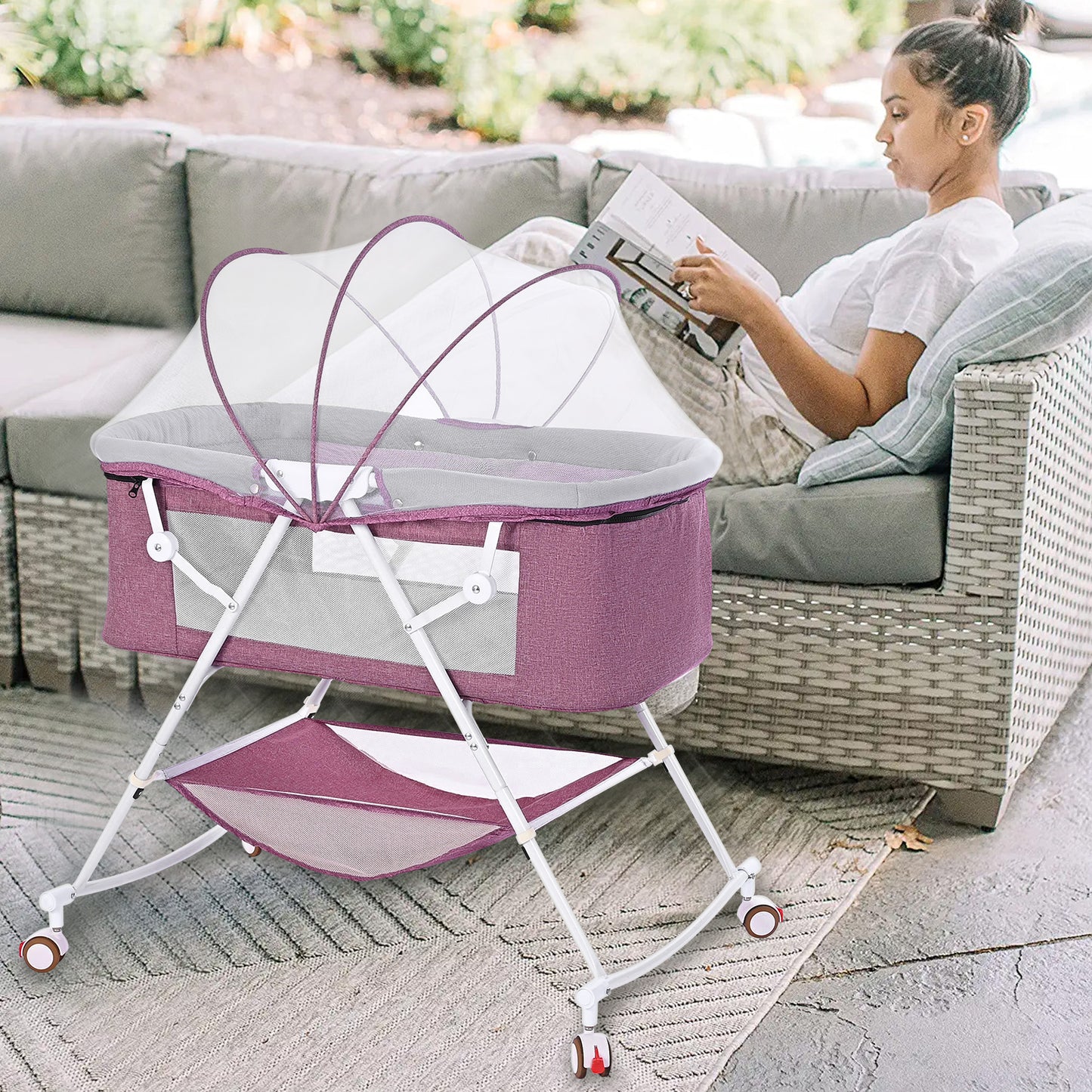 Bassinet for Babies, 4 in 1 Portable Rocking Bassinet with Breathable Net and Harmless Mattress, Quick-Fold Crib for Newborn Girl Boy Infant, Purple