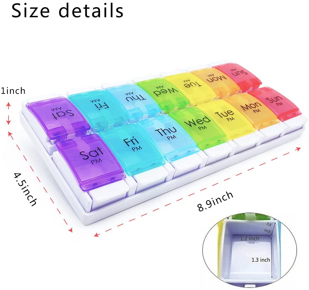YADALA 7 Day Pill Organizer AM PM 2 Times a Day, Large Capacity Weekly Pill Box Twice Daily, Rainbow Morning and Evening Pill Case 14 Dividers BPA-Free Medicine Organizer with Easy Push Button