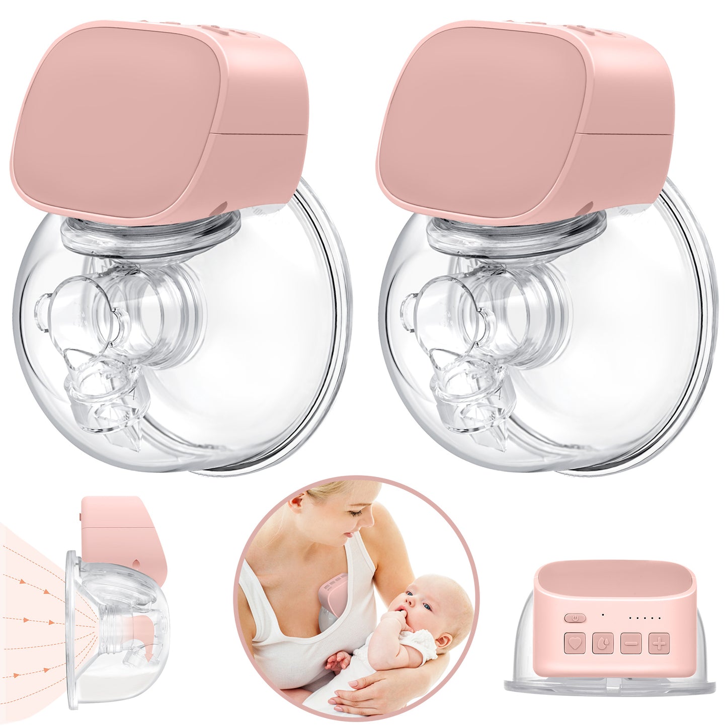 Yadala 2Pcs Breast Pump - Electric Hands-Free Portable Breastfeeding Breastpump, Spill-Proof Ultra-Quiet Pain Free Breast Pump,Light Pink
