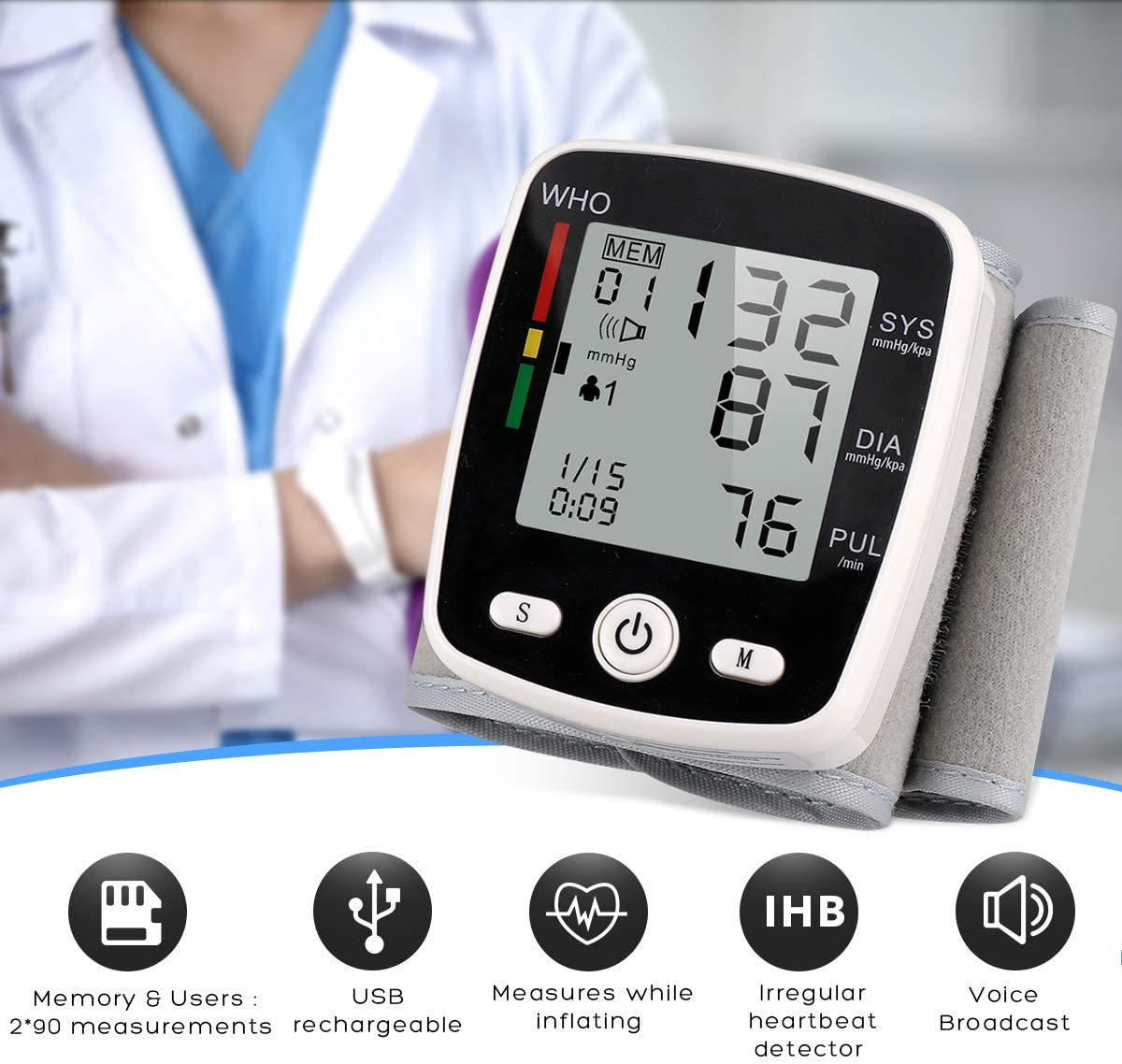 Blood Pressure Monitor, Wrist Blood Pressure Cuff Monitor with USB Charging, Automatic Digital BP Machine, Voice Broadcast