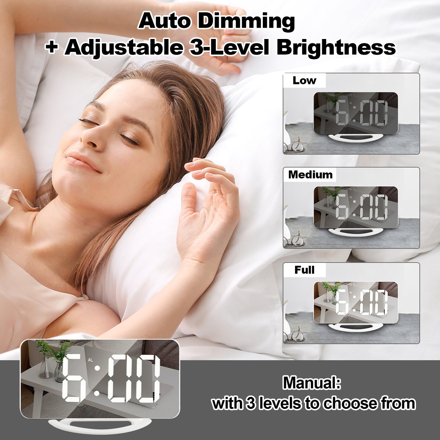Digital Alarm Clock, LED Mirrored Clocks Large Display with 3 Diming Mode & Snooze for Bedroom Home Office