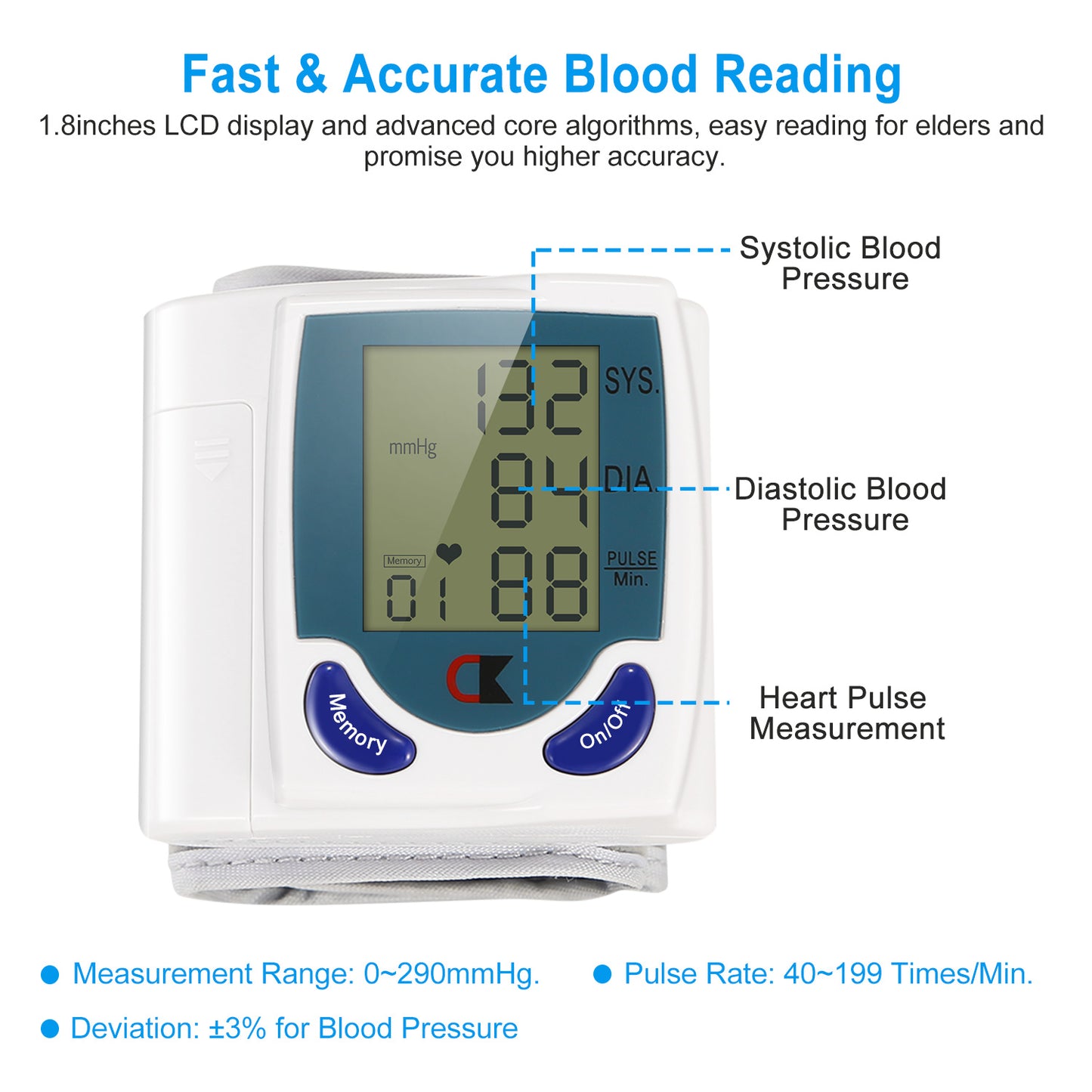 Blood Pressure Monitor, Digital Wrist Blood Pressure Monitor with Measures Pulse, Diastolic and Systolic