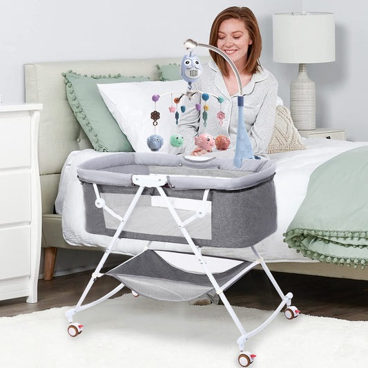 Bassinet for Babies, 4 in 1 Portable Rocking Bassinet with Breathable Net and Harmless Mattress, Quick-Fold Crib for Newborn Girl Boy Infant, Grey