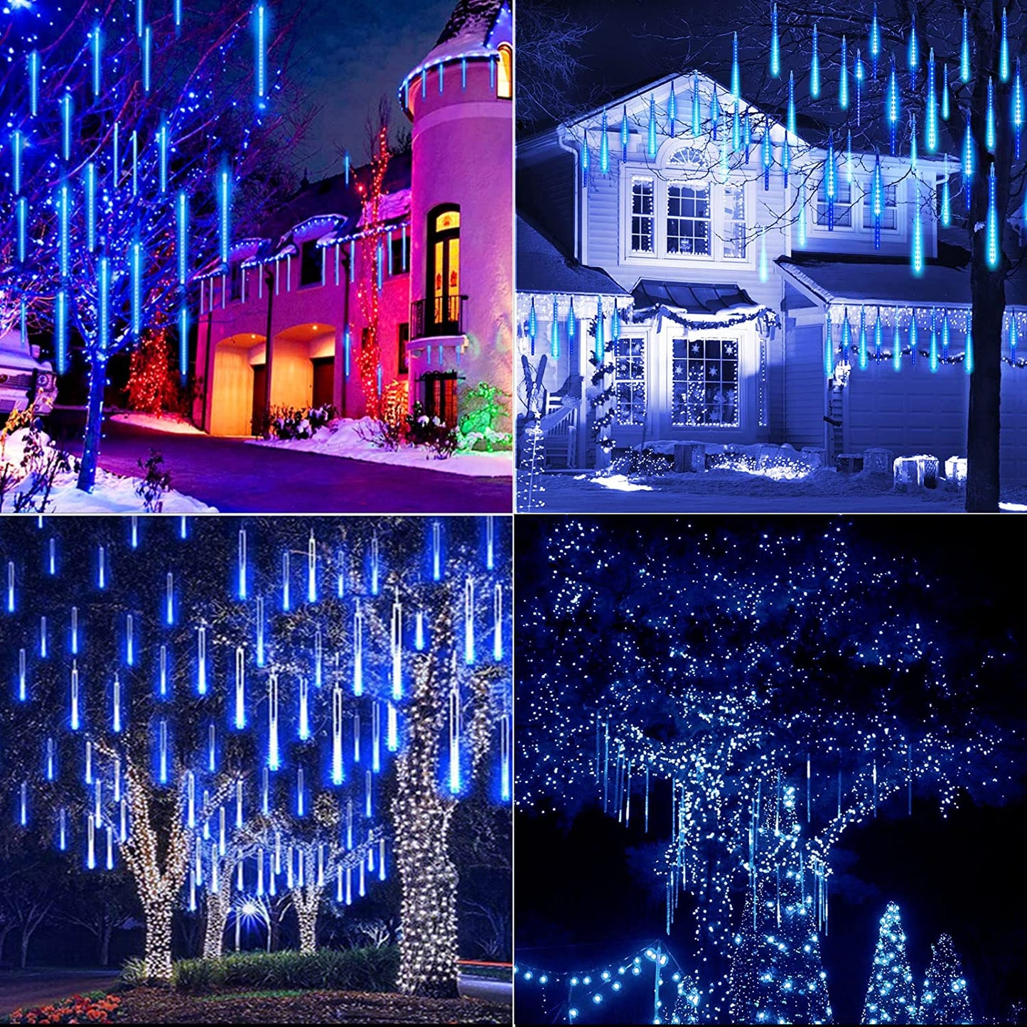 Meteor Shower Icicle Christmas Lights Outdoor, 17.72 Inches 8 Tubes 288 Led Dropping Lights Connectable, Hanging Falling Rain Lights for Tree Bushes Holiday Christmas Tree Lights, Blue