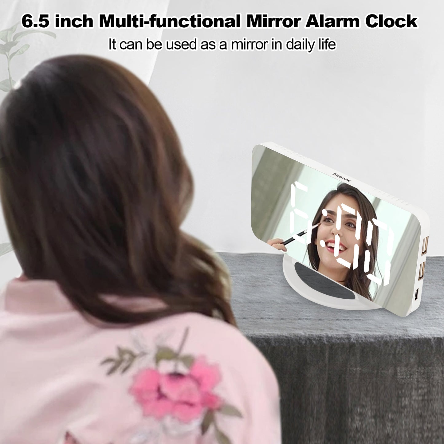 Digital Alarm Clock, LED Mirrored Clocks Large Display with 3 Diming Mode & Snooze for Bedroom Home Office